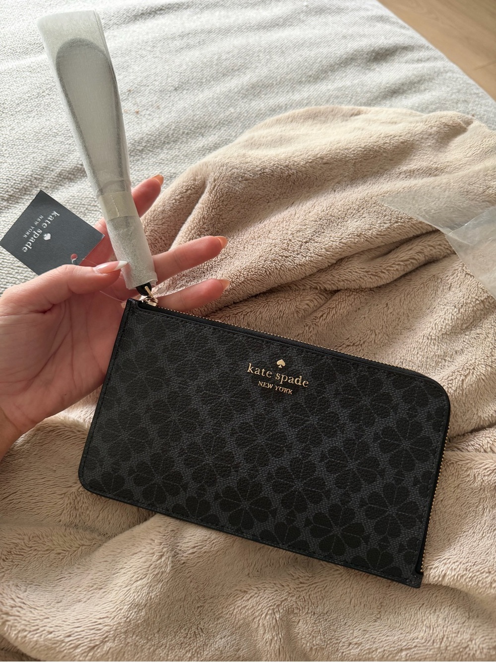kate spade Black Floral-Print Zip Wristlet with Gold Logo
